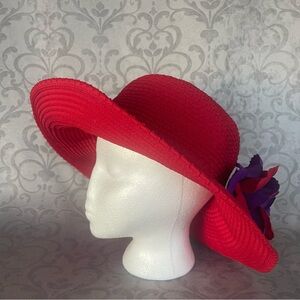 Vintage Red Hat Society Sun Hat with Large Purple Floral Accent